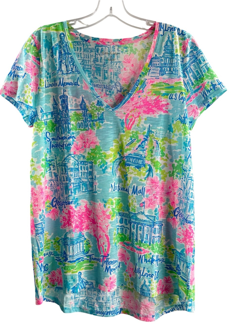 LILLY PULITZER Etta Lilly Loves DC V-Neck Scenic Print Tee Aqua, Pink, Lime $48